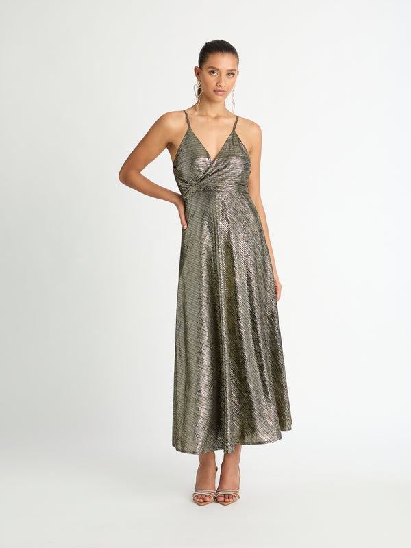 HOLLYWOOD MAXI DRESS IN GOLD FRONT SHOT