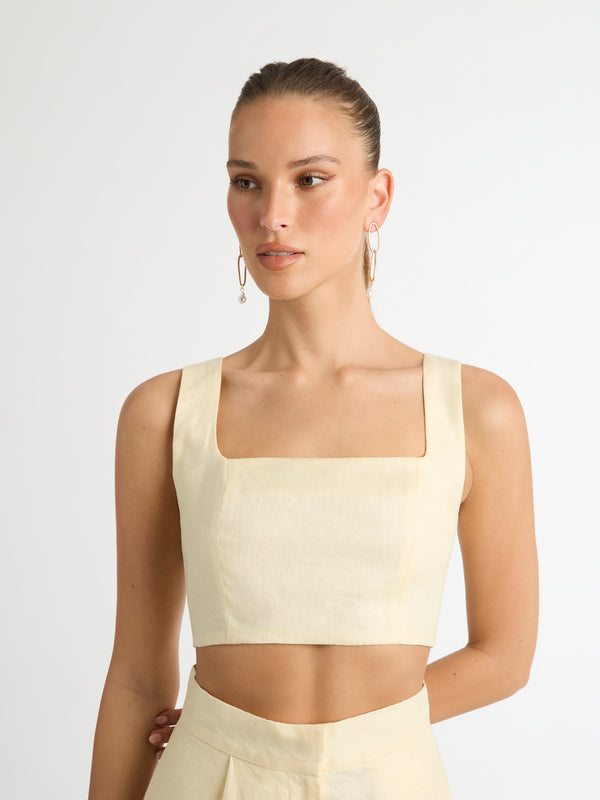 LEXI LINEN CROP TOP IN BUTTER CLOSE UP