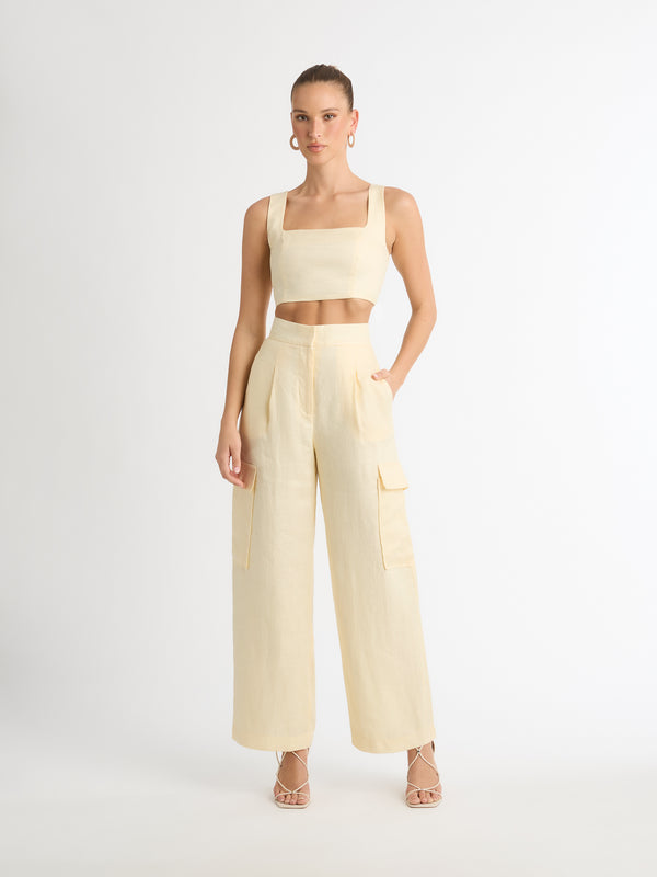 LEXI LINEN CROP TOP IN BUTTER FRONT SHOT