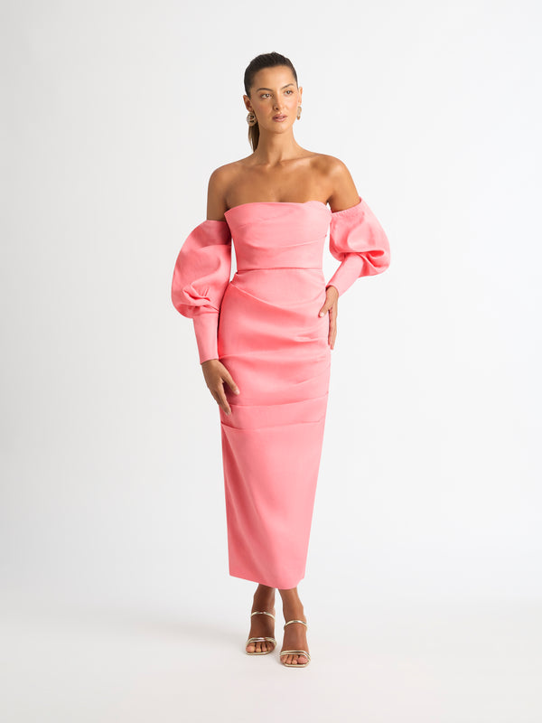 ISOLA MIDI DRESS IN CORAL FRONT SHOT WITH SLEEVES