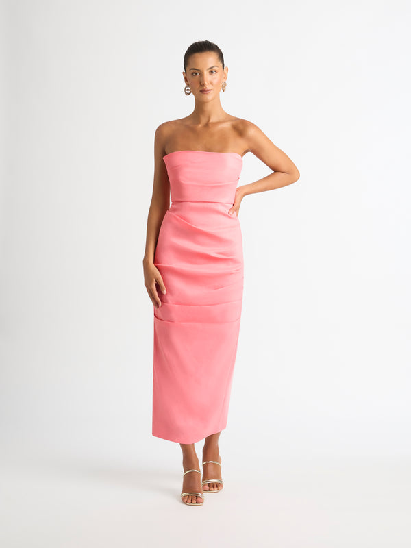 ISOLA MIDI DRESS IN CORAL FRONT SHOT SLEEVELESS