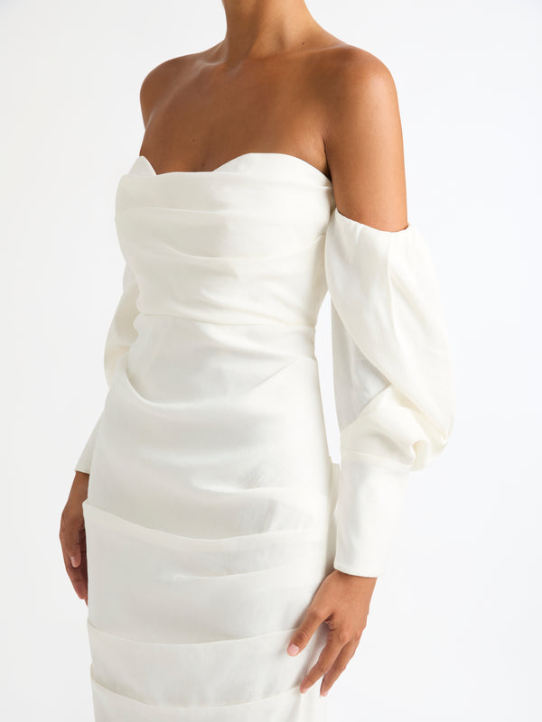 ISOLA MIDI DRESS IN PORCELAIN CLOSE UP WITH SLEEVES