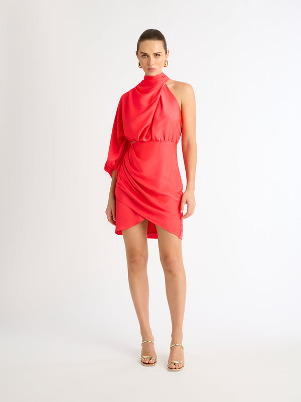JULIET ONE SLEEVE MINI DRESS IN RED FRONT IMAGE