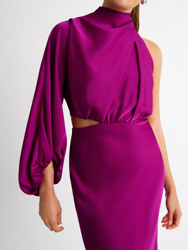 OLIVIA GOWN ONE SLEEVE DRESS WITH TRAIN HEM DETAIL IMAGE