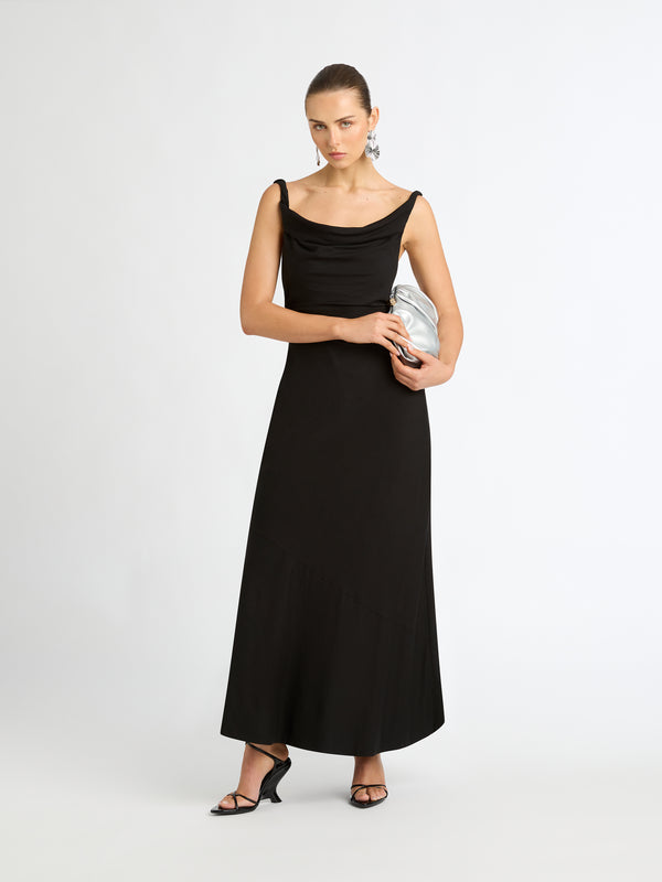 ANGELINA MIDI DRESS IN BLACK WITH TWISTED STRAPS STYLED FRONT IMAGE