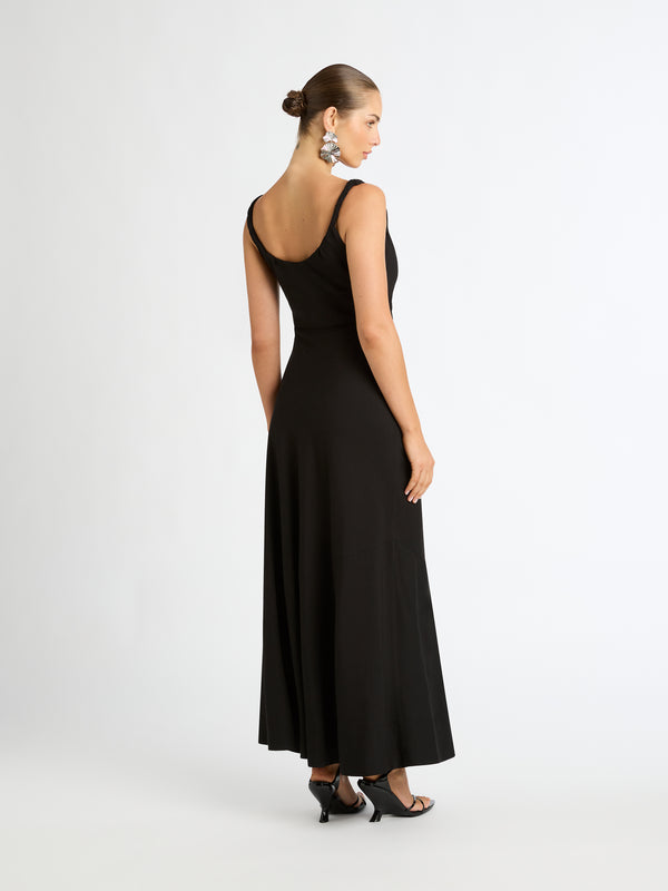 ANGELINA MIDI DRESS IN BLACK WITH TWISTED STRAPS BACK IMAGE