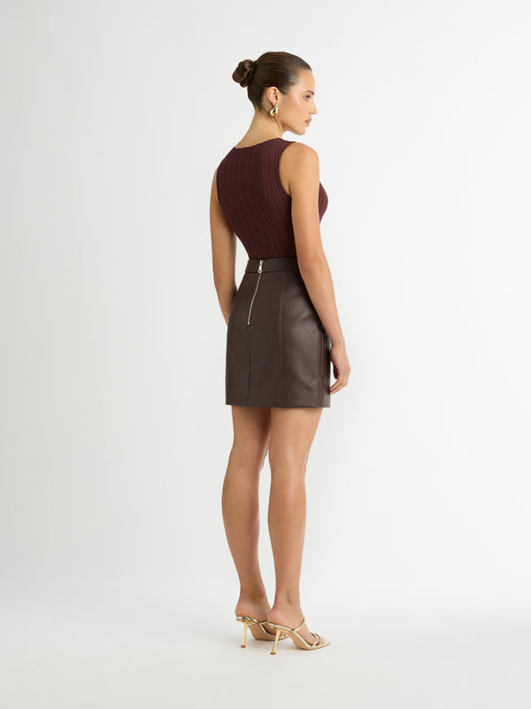 RIVAL FAUX LEATHER MINI SKIRT IN CHOCOLATE BACK IMAGE