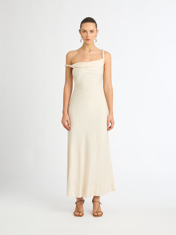 ANGELINA MIDI DRESS IN VANILLA WITH TWISTED STRAPS FRONT IMAGE STYLED
