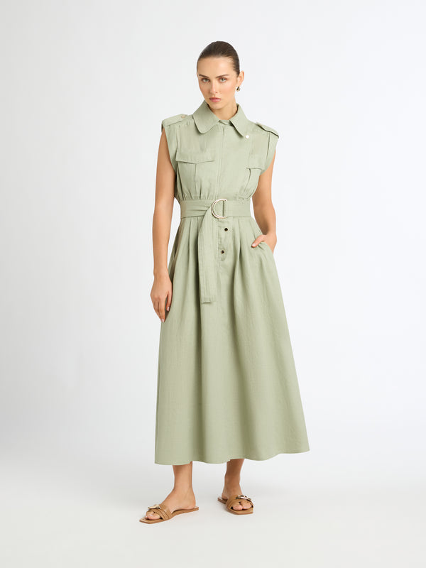 UTILITY LINEN DRESS SAGE FRONT STYLED IMAGE