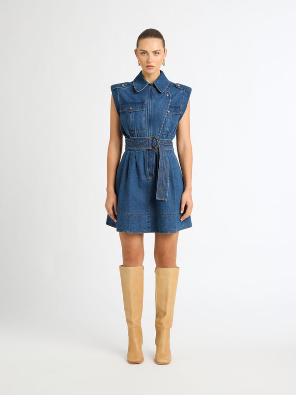 ADINA DENIM MINI DRESS WITH GOLD BUTTONS FRONT IMAGE STYLED