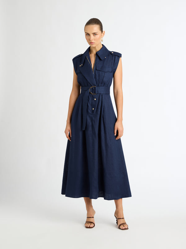 UTILITY LINEN DRESS IN INK FRONT IMAGE