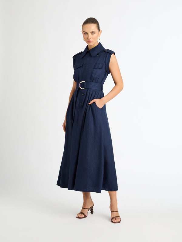 UTILITY LINEN DRESS IN INK FRONT IMAGE STYLED