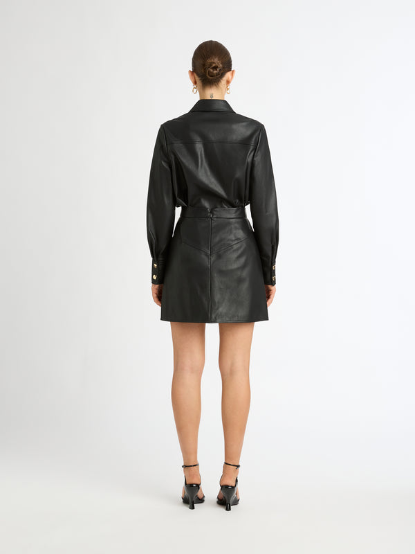 JAMIE FAUX LEATHER SHIRT IN BLACK BACK IMAGE STYLED