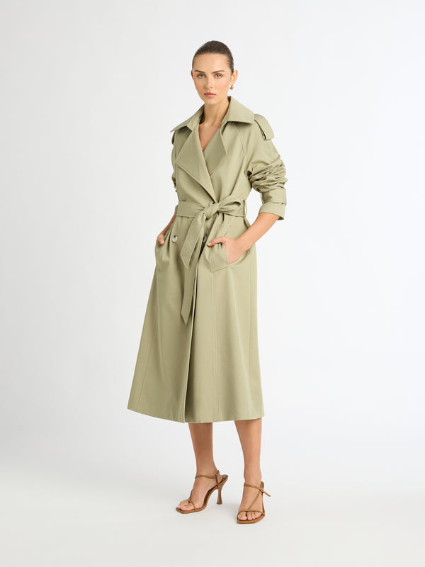 IVY TRENCH COAT IN LIGHT OLIVE FRONT IMAGE CLOSED