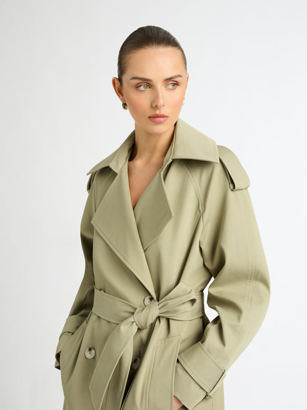 IVY TRENCH COAT IN LIGHT OLIVE DETAILED IMAGE