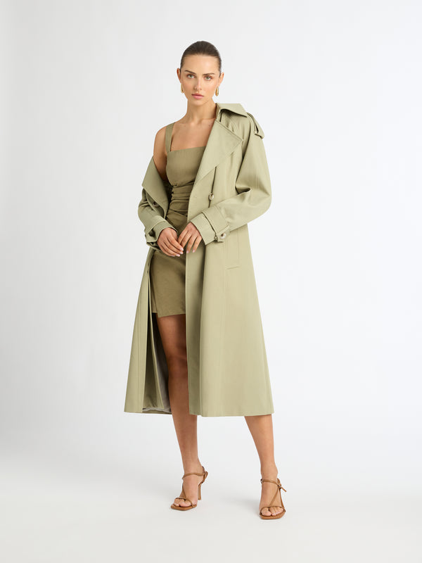 IVY TRENCH COAT IN LIGHT OLIVE FRONT IMAGE STYLED