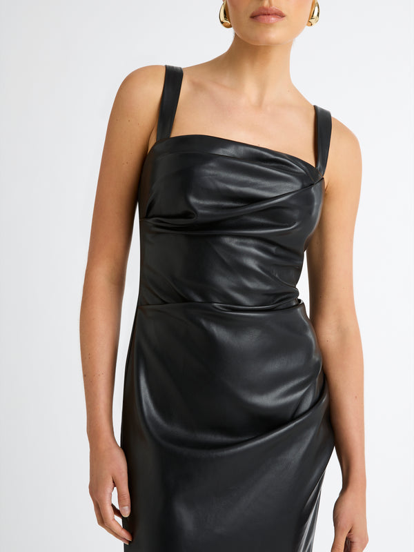 AMSTERDAM FAUX LEATHER MAXI DRESS IN BLACK DETAIL IMAGE