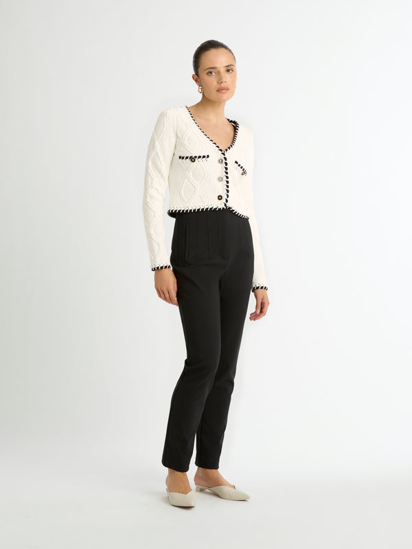 HERITAGE KNIT CARDI IN WHITE FRONT IMAGE STYLED