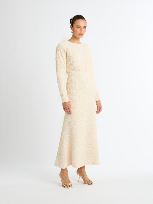 CLINTON MIDI DRESS IN CREAM FRONT IMAGE STYLED