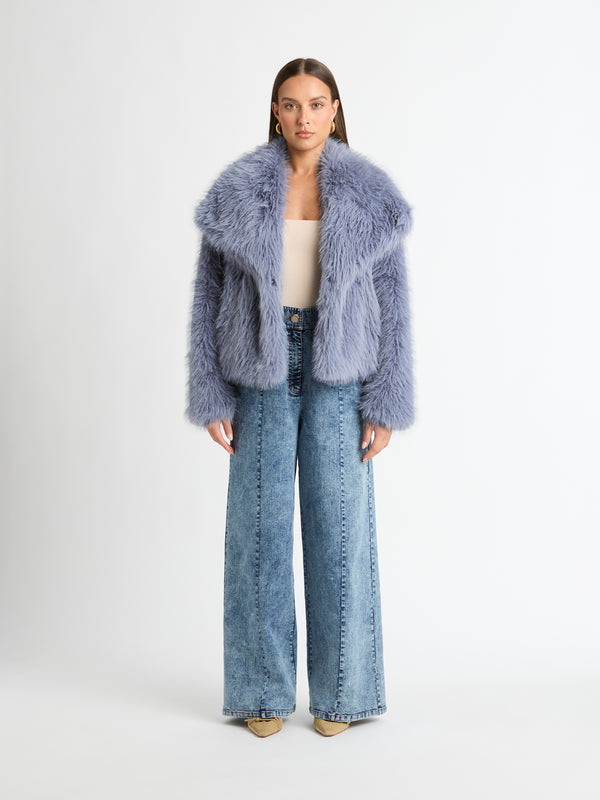 ADELLE FUR COAT IN DOVE BLUE FRONT IMAGE STYLED