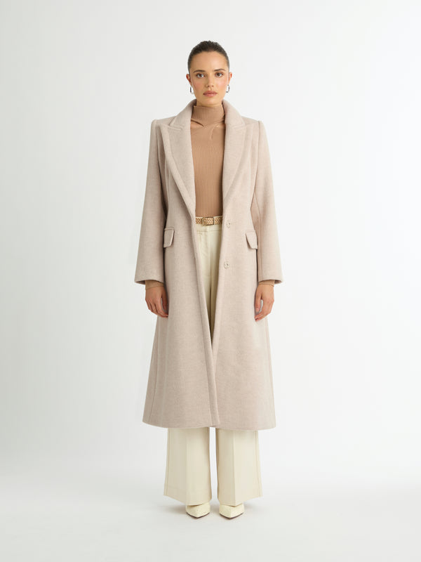 ARIEL LONGLINE COAT IN NEUTRAL FRONT IMAGE STYLED