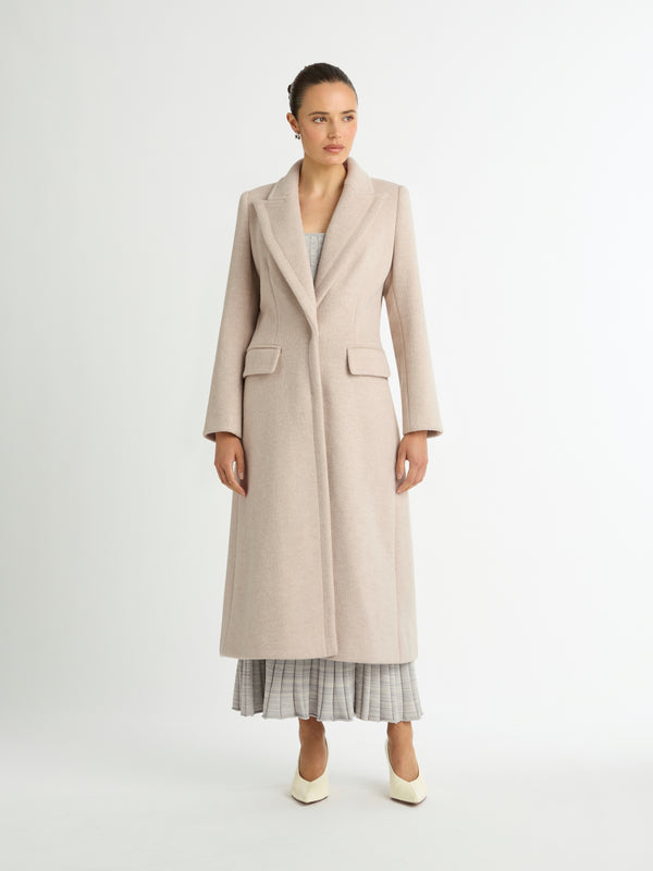 ARIEL LONGLINE COAT IN NEUTRAL FRONT IMAGE CLOSED 