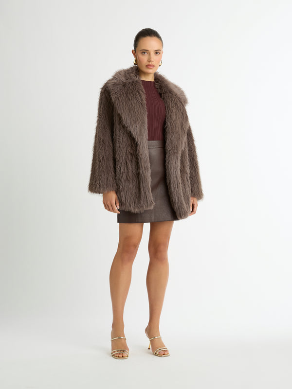 EDEN FUR COAT IN CHOCOLATE FRONT IMAGE STYLED