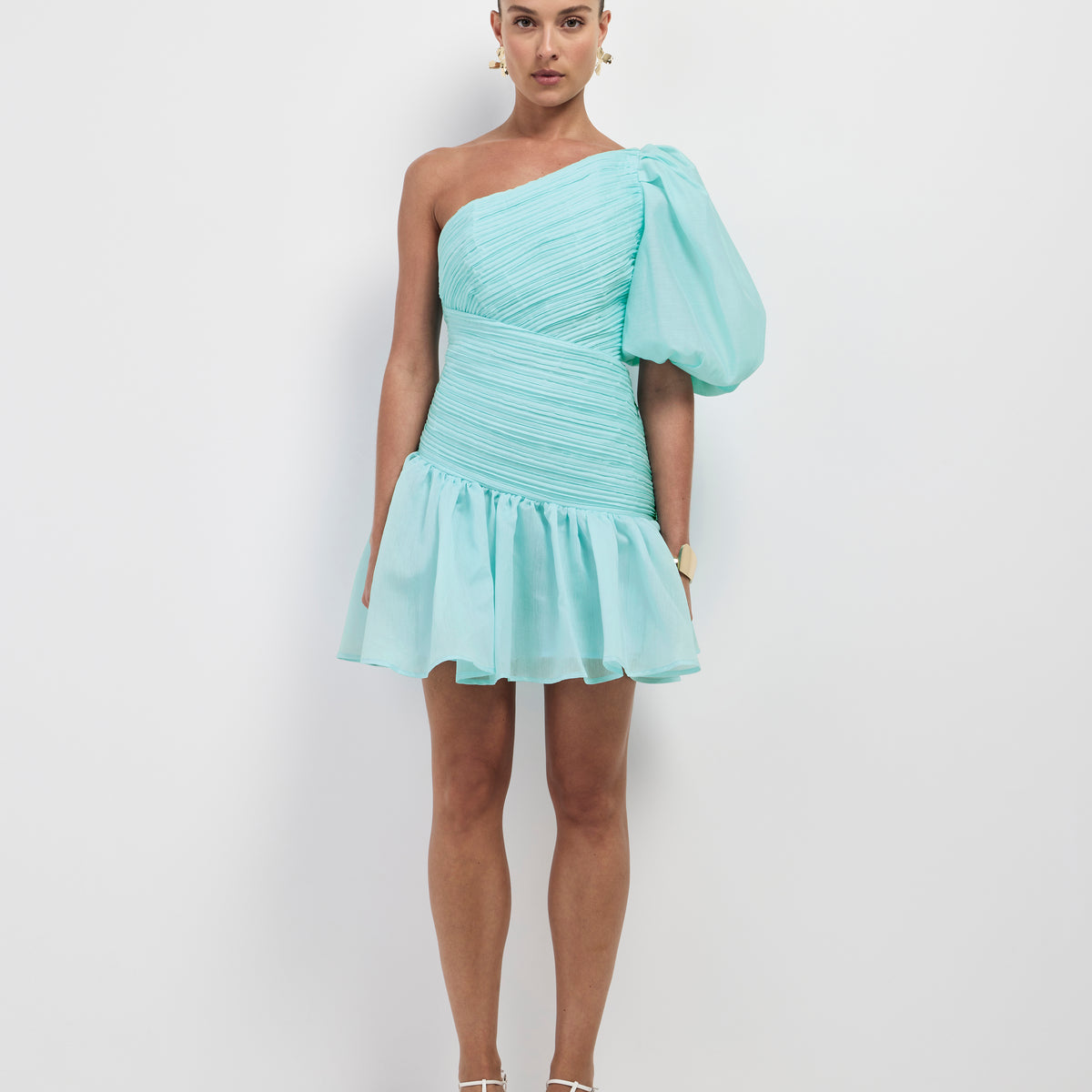 Amelia Mini Dress Blue Pleated Asymmetrical Mini SHEIKE