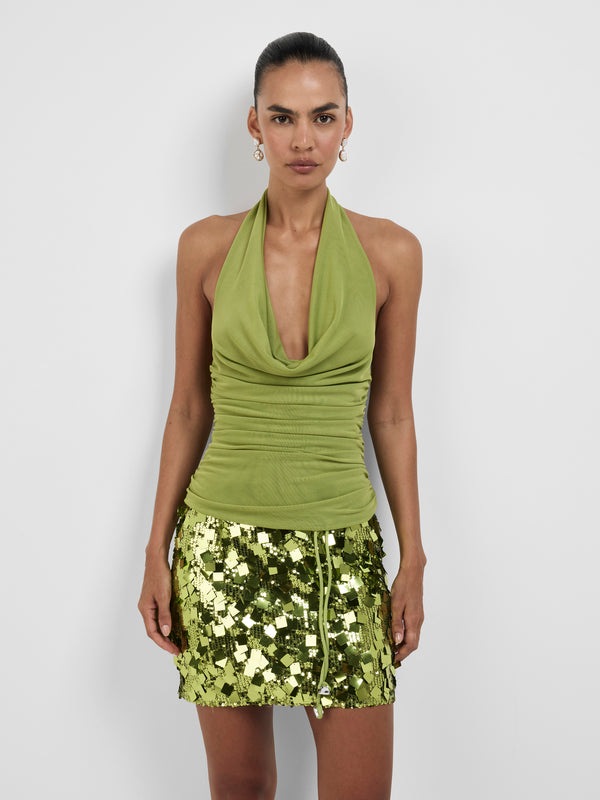 RANA HALTER TOP, close-up detail on size 8 model