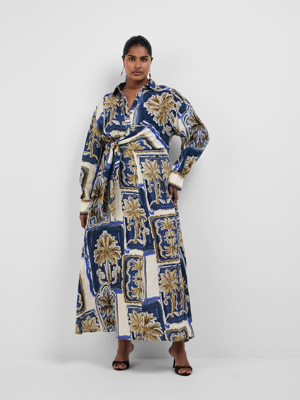 PATCHWORK PALM MIDI DRESS, front view on size 16 model