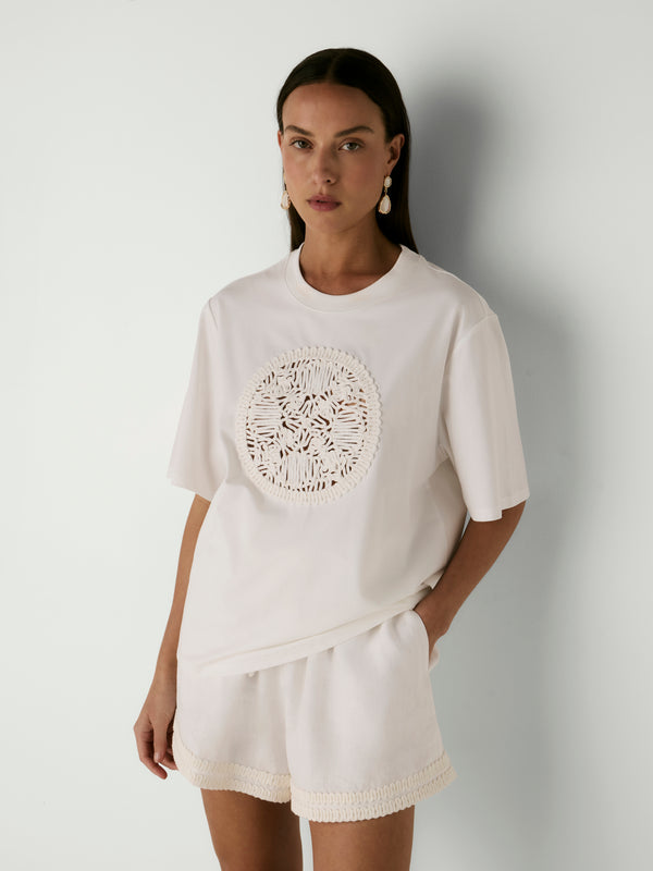 PEARL T-SHIRT, close-up detail on size 8 model