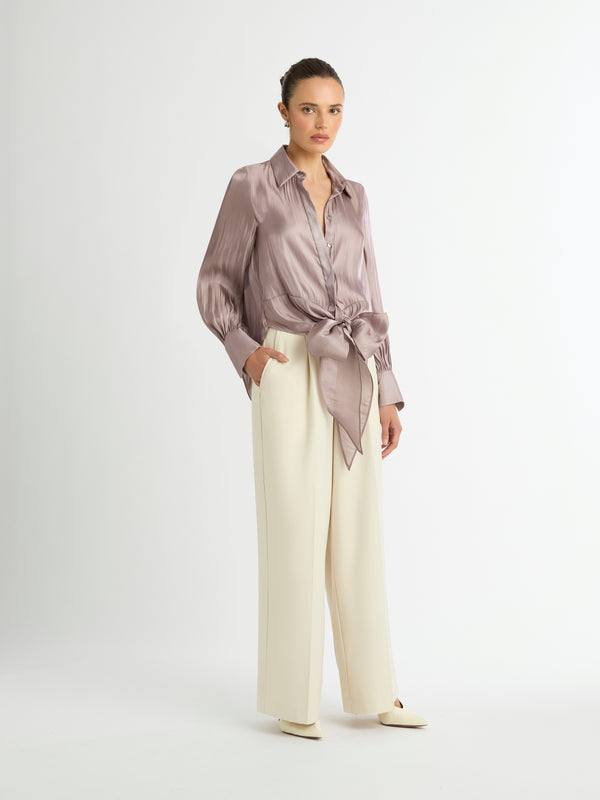 MERCURY FRONT TIE SHIRT IN MATALLIC TAUPE FRONT IMAGE BOW