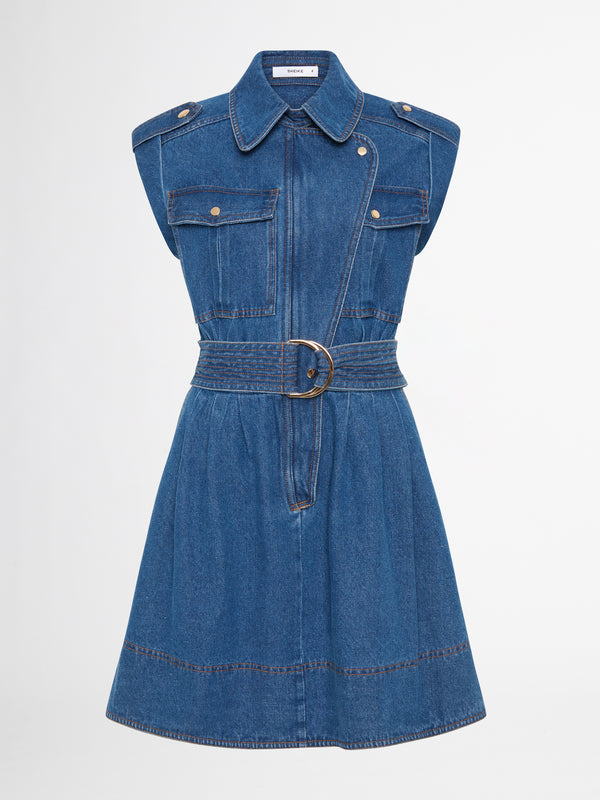 ADINA DENIM MINI DRESS WITH GOLD BUTTONS GHOST IMAGE