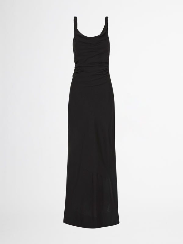 ANGELINA MIDI DRESS IN BLACK WITH TWISTED STRAPS GHOST
