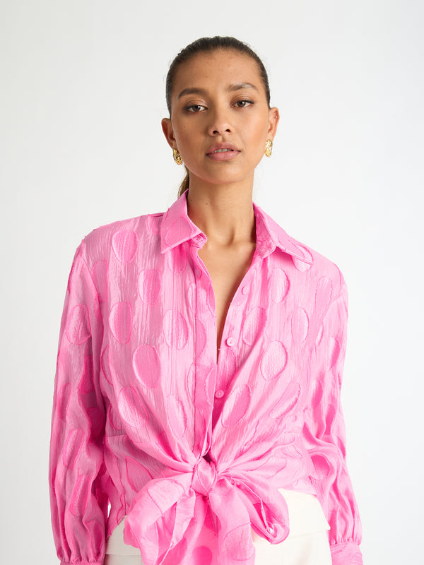 EMMA DOBBY BLOUSE IN LOLLY PINK CLOSE UP