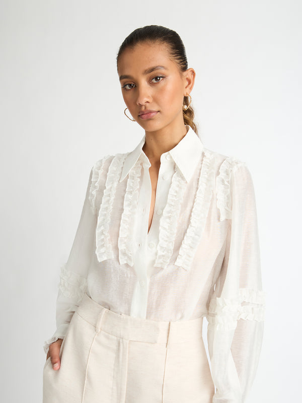 MYSTIQUE RUFFLE SHIRT IN WHITE CLOSE UP