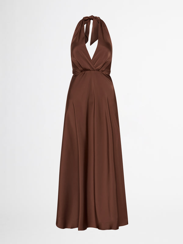 AMELIA HALTER NECK DRESS IN BROWN GHOST IMAGE