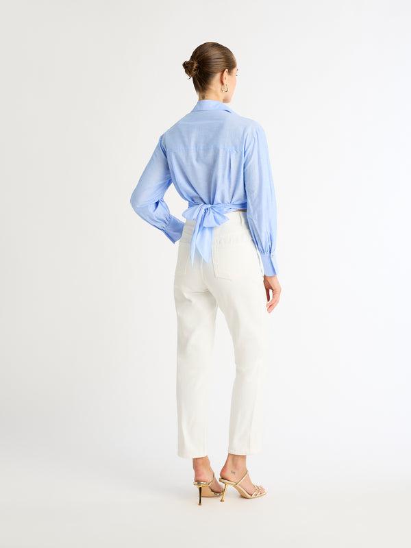 BRAVO LONG SLEEVE WITH TIE FRONT SHIRT IN CHAMBRAY BLUE BACK SHOT STYLED