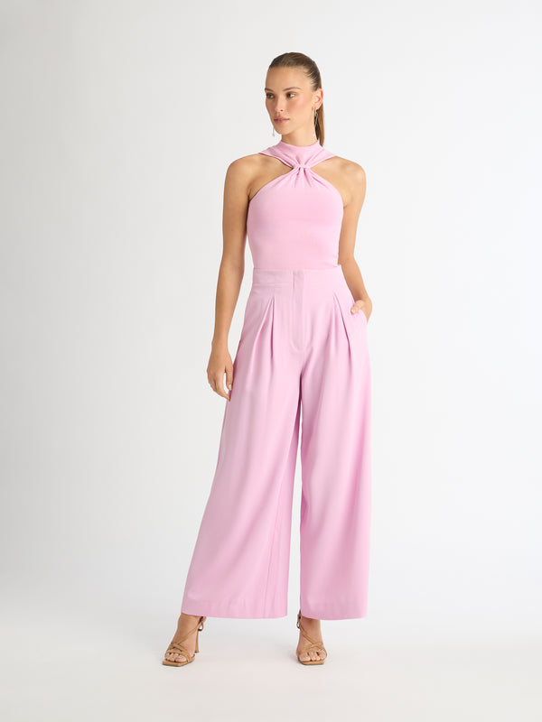 PHOEBE WIDE LEG PANT IN PINK FRONT SHOT ON MODEL ARIARNE