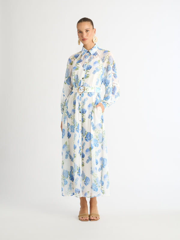 BLUE BELL MAXI DRESS IN FLORAL PRINT FRONT SHOT OF MODEL ARIARNE