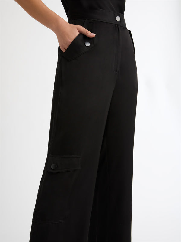 IVY SATIN CARGO PANT IN BLACK CLOSE UP 