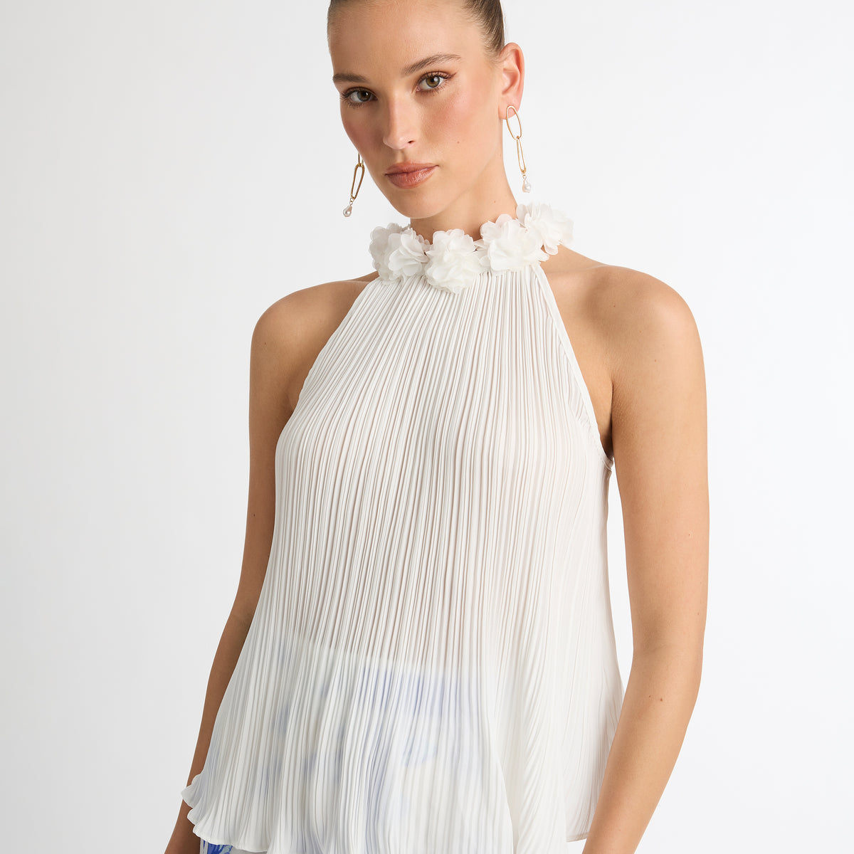 Blossoms Top White | Pleated Halter Neck Top | SHEIKE
