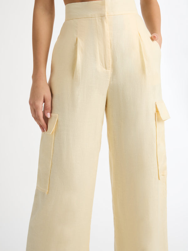 MILA LINEN CARGO PANT IN BUTTER CLOSE UP