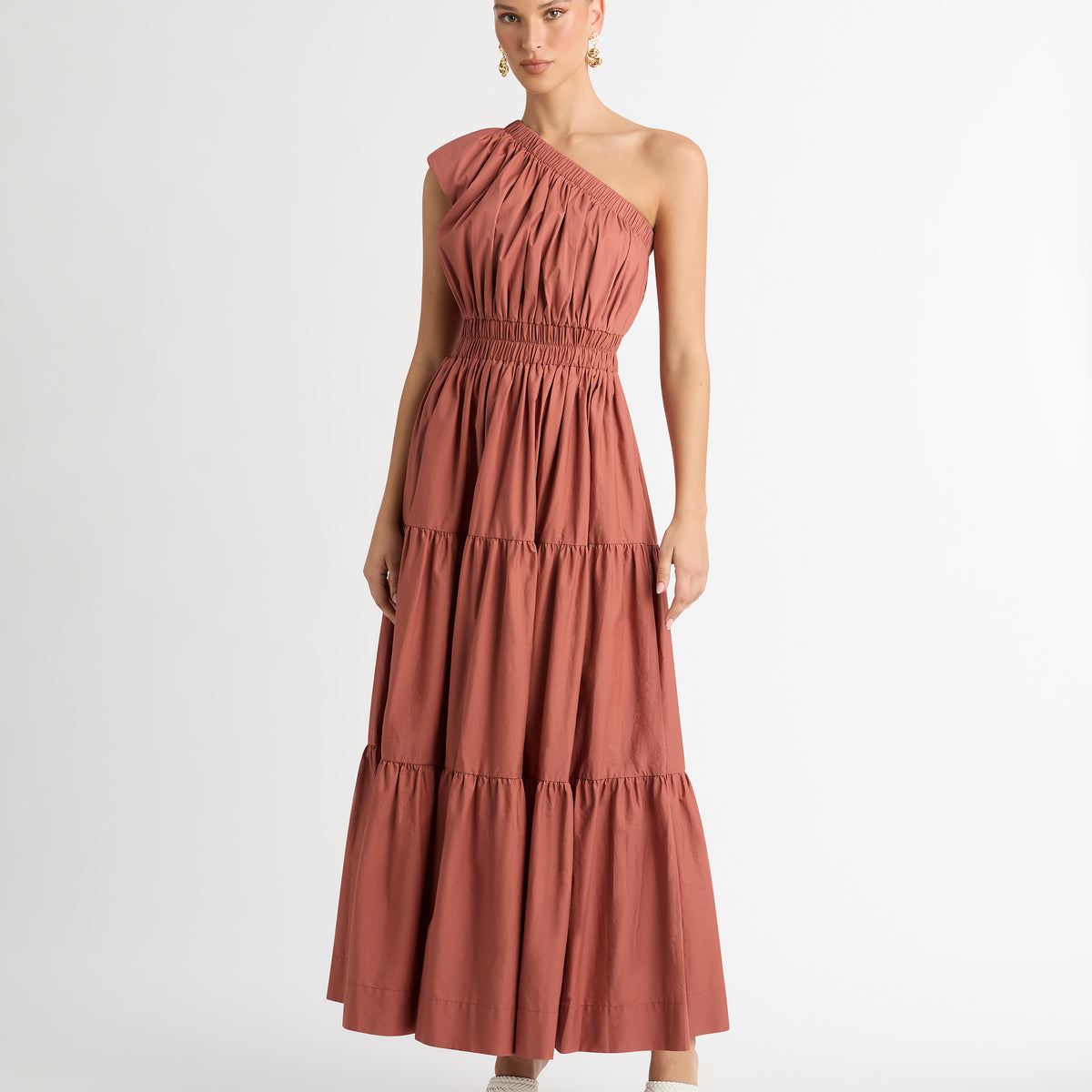 Mia Maxi Dress Brown | Tiered One Shoulder Dress | SHEIKE