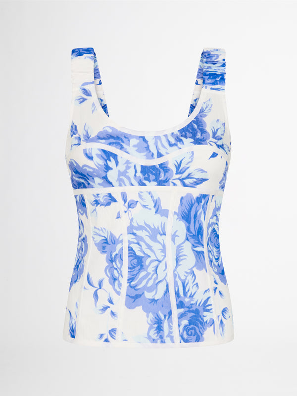 SPRING ROMANCE BUSTIER IN BLUE FLORAL PRINT GHOST IMAGE