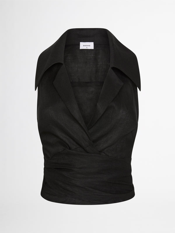 FRANKIE LINEN SLEEVELESS TIE FRONT TOP IN BLACK GHOST IMAGE
