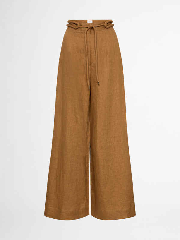 MIA LINEN WIDE LEG PANT IN CAMEL GHOST IMAGE