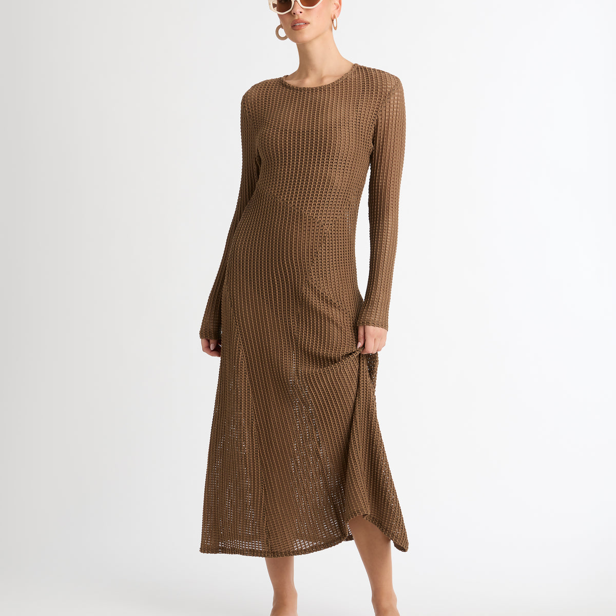 Paros Knit Dress Brown | Crochet Midi Dress | SHEIKE