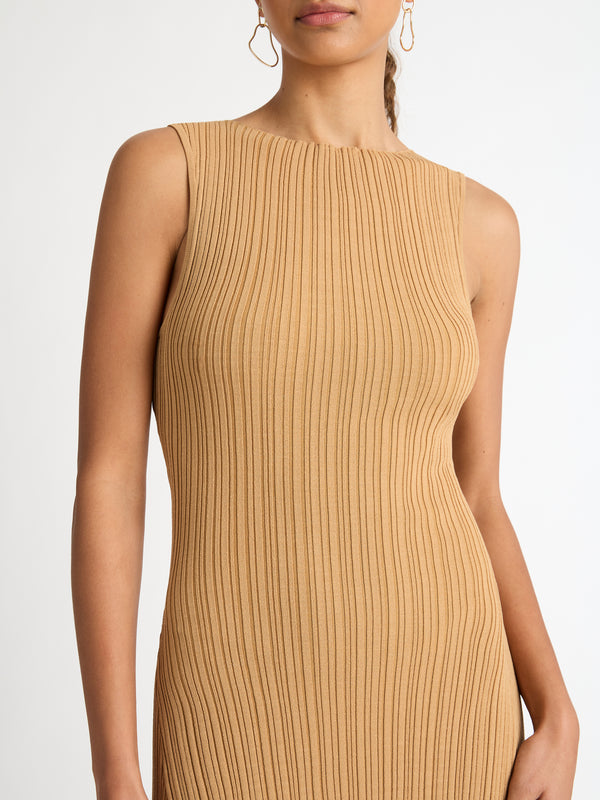 BYRON KNIT RIBBED DRESS IN CAMEL CLOSE UP