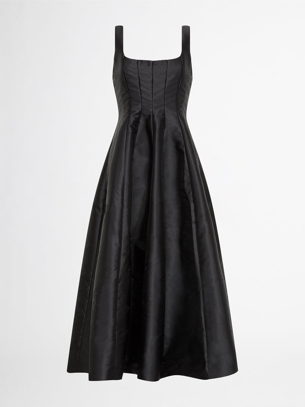 KAROLINE DRESS IN BLACK MATTE SATIN GHOST IMAGE
